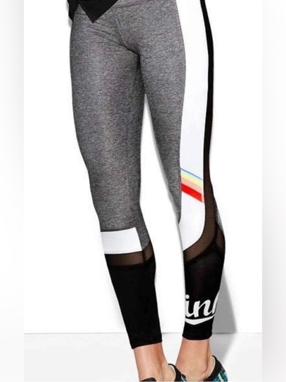 VS Pink Ultimate High Waist Rainbow Logo Mesh Athletic Leggings Black/Gray Large - Picture 2 of 8